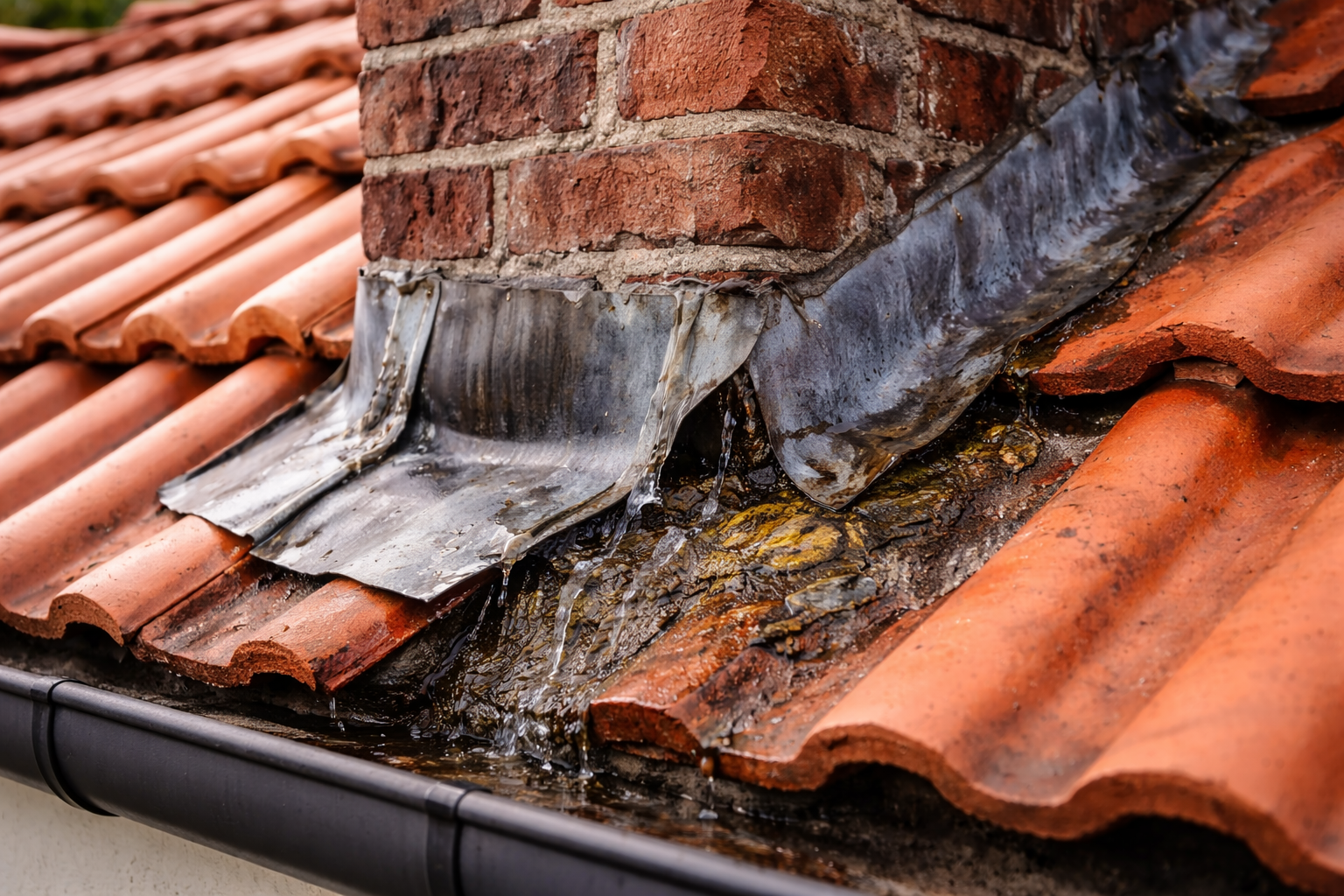 Solins et abergements de cheminée dégradés avant réfection à Neuville-sur-Saône