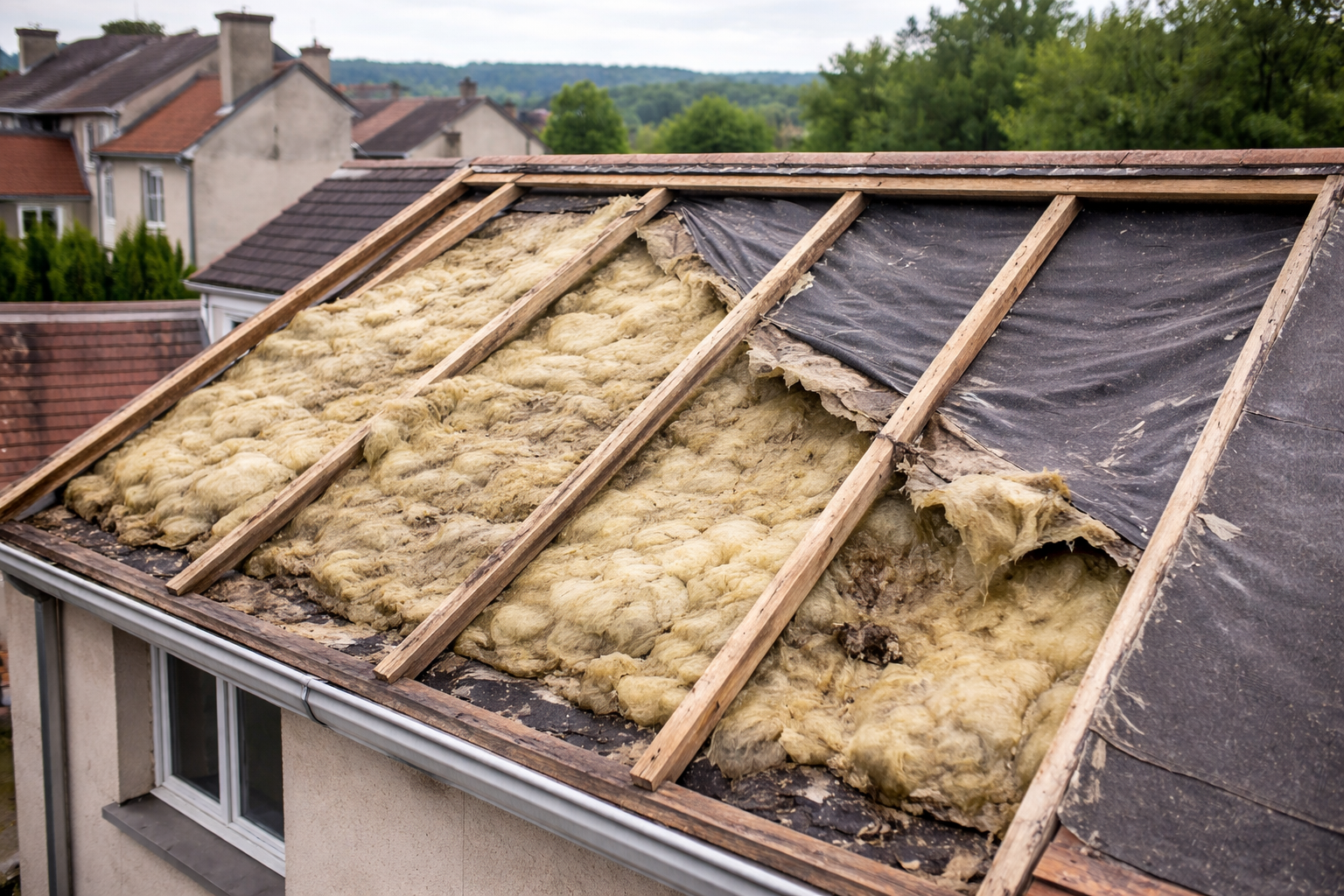 Ancienne isolation de toiture dégradée avant rénovation à Meyzieu