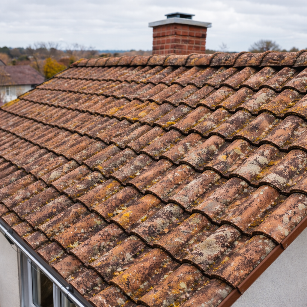 Toiture avec tuiles usées avant remplacement à Saint-Maurice-de-Beynost