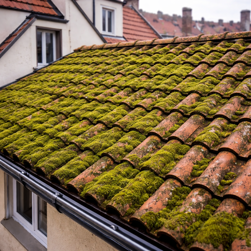 Toiture envahie par la mousse avant démoussage à Miribel-Jonage