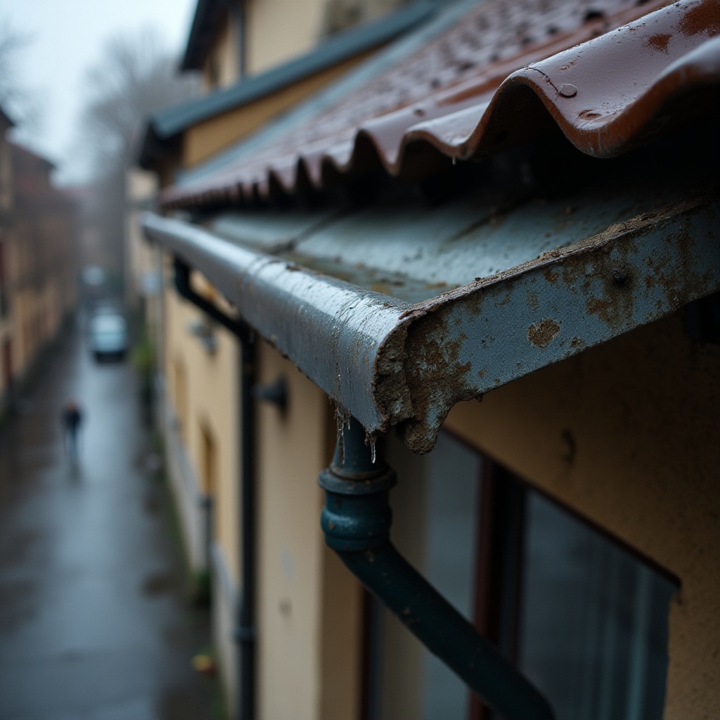 Anciennes gouttières détériorées avant remplacement à Saint-André-de-Corcy