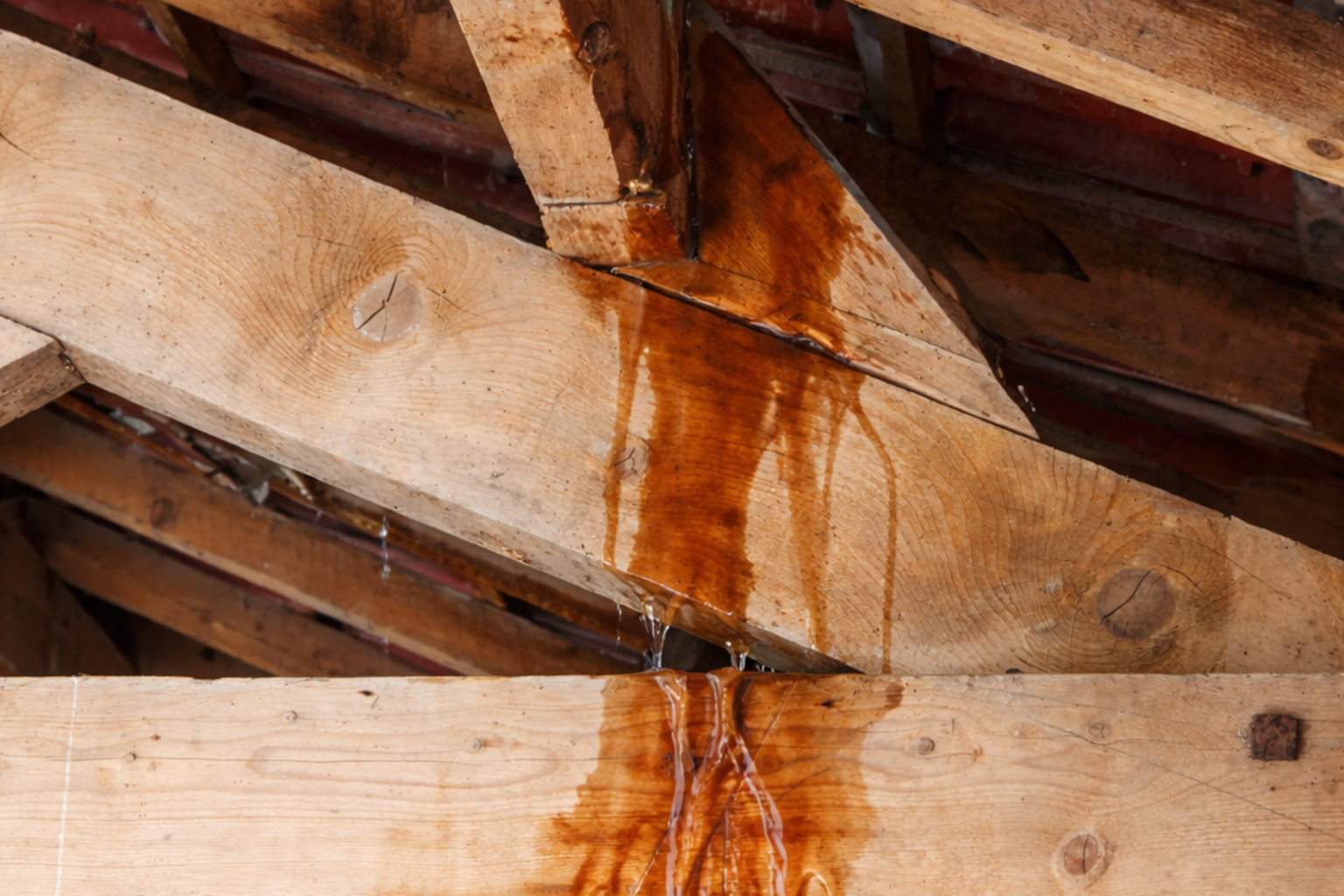 Infiltration d’eau sur la charpente avant réparation à Caluire-et-Cuire