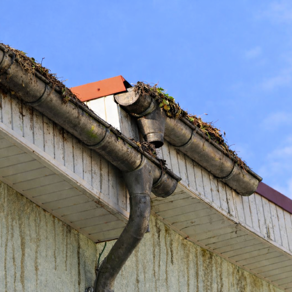 Gouttières obstruées avant nettoyage à Rillieux-la-Pape