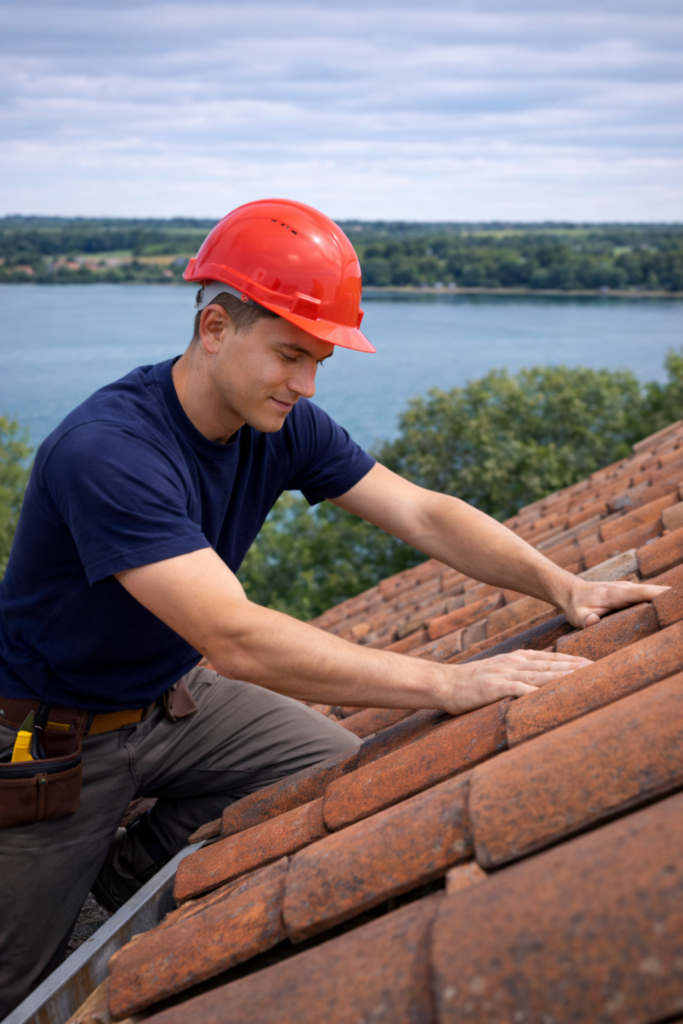 Couvreur à Meyzieu réparant une fuite de toiture sur tuiles en terre cuite près d’un plan d’eau