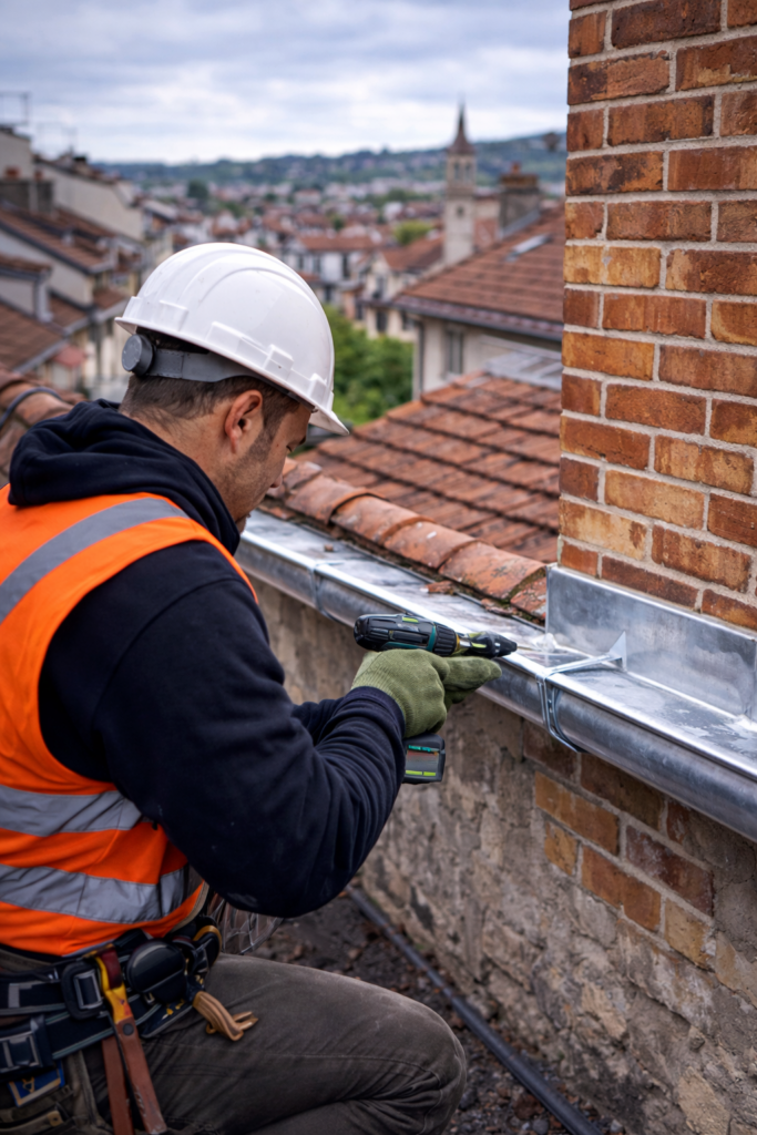 Couvreur installant une gouttière en zinc sur une maison à Neuville-sur-Saône