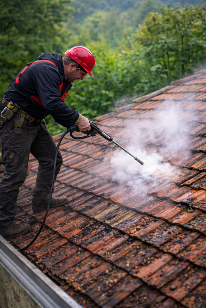 Nettoyage de toiture en tuiles avec traitement anti-mousse sur la Côtière