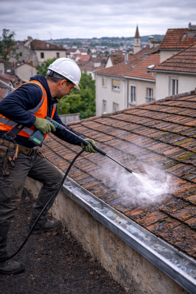 Couvreur nettoyant une toiture en tuiles à Neuville-sur-Saône avec un nettoyeur haute pression