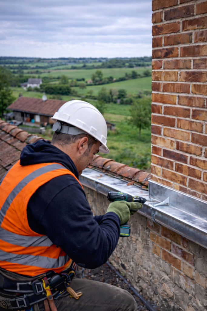 Couvreur zingueur à Meyzieu installant une gouttière et des éléments de zinguerie