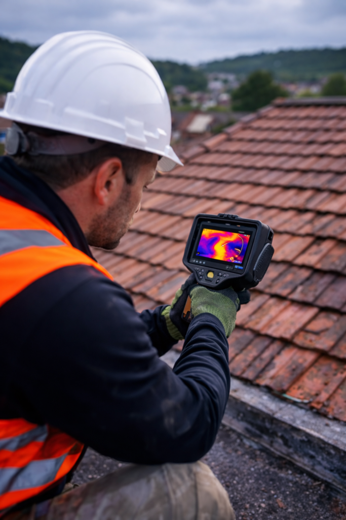 Couvreur réalisant un diagnostic de fuite sur toiture en tuiles à Beynost