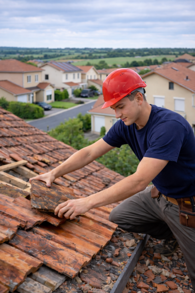 Artisan couvreur à Meyzieu remplaçant des tuiles abîmées sur une maison individuelle