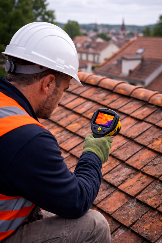 Couvreur inspectant une toiture de maison de ville à Neuville-sur-Saône pour détecter une fuite