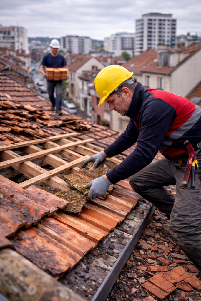 Artisans couvreurs remplaçant des tuiles sur une maison à Neuville-sur-Saône