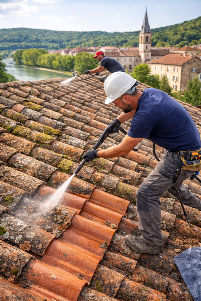 Couvreur Neuville sur Saone effectuant un démoussage toiture et nettoyage tuiles