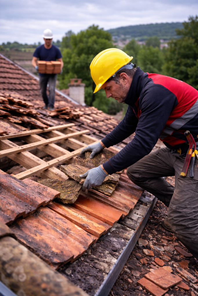 Artisan couvreur remplaçant des tuiles endommagées sur une toiture à Caluire-et-Cuire